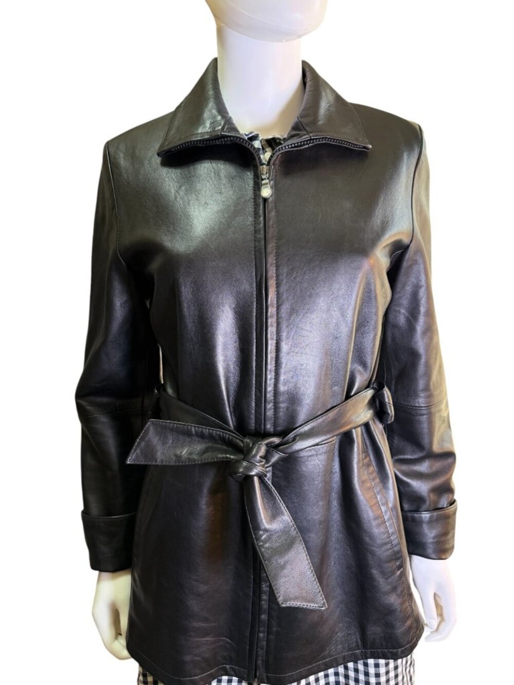 Remy Vintage Womens Black Genuine Leather Front Zip Jacket With Belted Waist XS